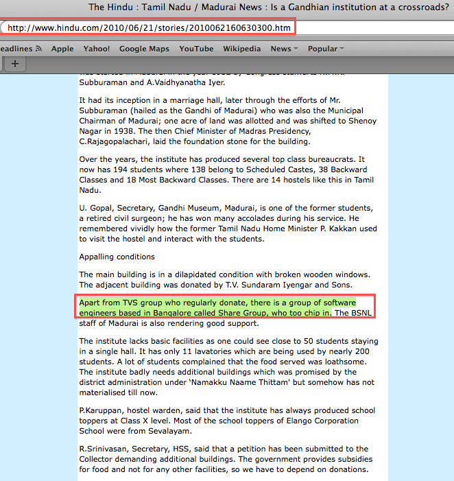 The News coverage about SHaDE in The Hindu on 21Jun2010